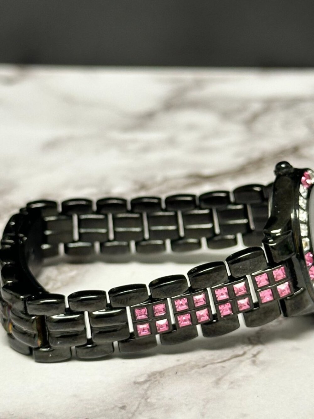 Armitron Watch Women Black Dial Pink Clear Crystal Bezel New Battery 6.5 Inch - Picture 5 of 10